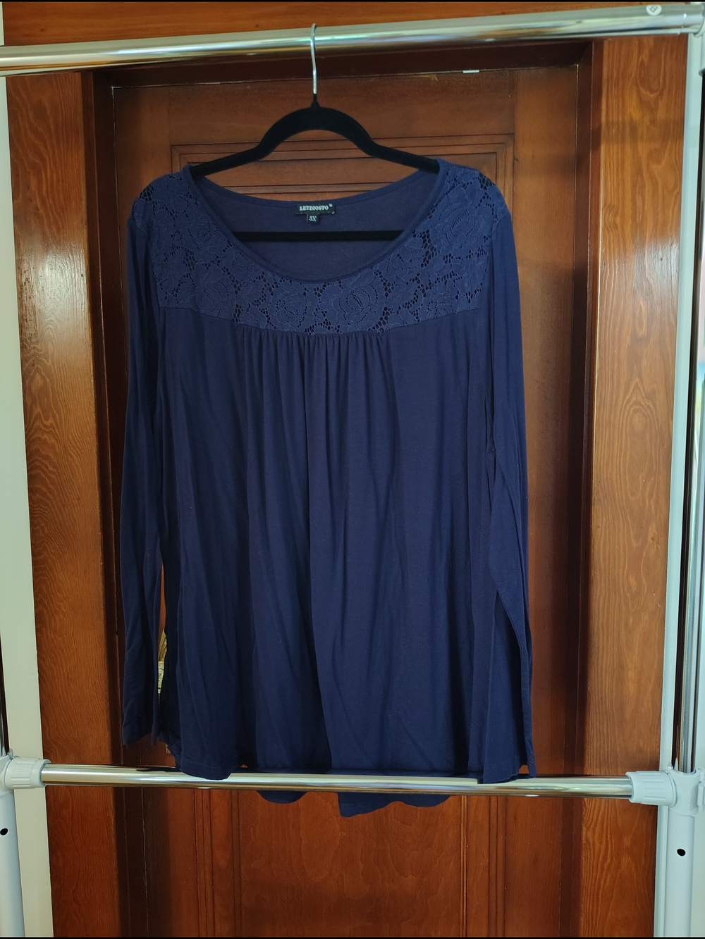 Navy Lace Yoke Long Sleeve Women's Top - Soft Knit